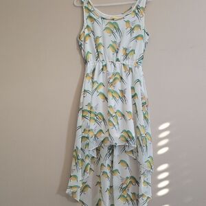Sleeveless White Dress with Yellow and Green Bird Print